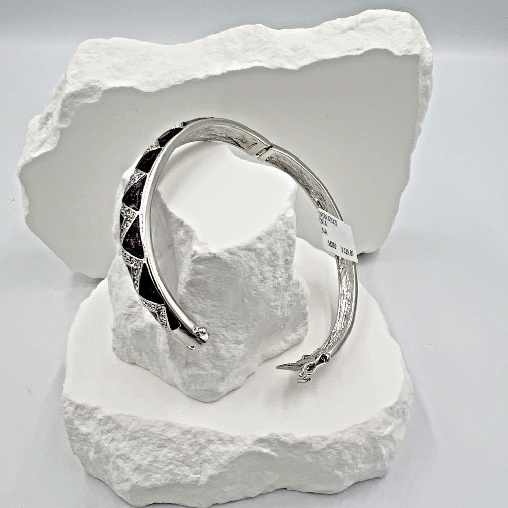 Lauren G Adams Bracelet Silver Toned Purple Enamel & Crystal Hinged Bangle NWT - Picture 2 of 9